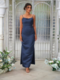 Sheath/Column Satin Ruched Spaghetti Straps Sleeveless Ankle-Length Bridesmaid Dresses Evening Dress