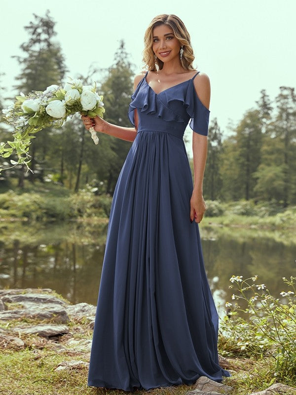 A-Line/Princess Chiffon Ruffles V-neck Sleeveless Floor-Length Bridesmaid Dresses Evening Prom Dress