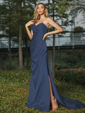 Sheath/Column Silk like Satin Ruched Sweetheart Sleeveless Sweep/Brush Train Bridesmaid Dresses Evening Dress