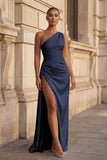 Pink One Shoulder Sheath Satin Long Prom Dresses With Slit