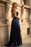 Green Metallic Sweetheart Pleated A-Line Long Prom Dresses