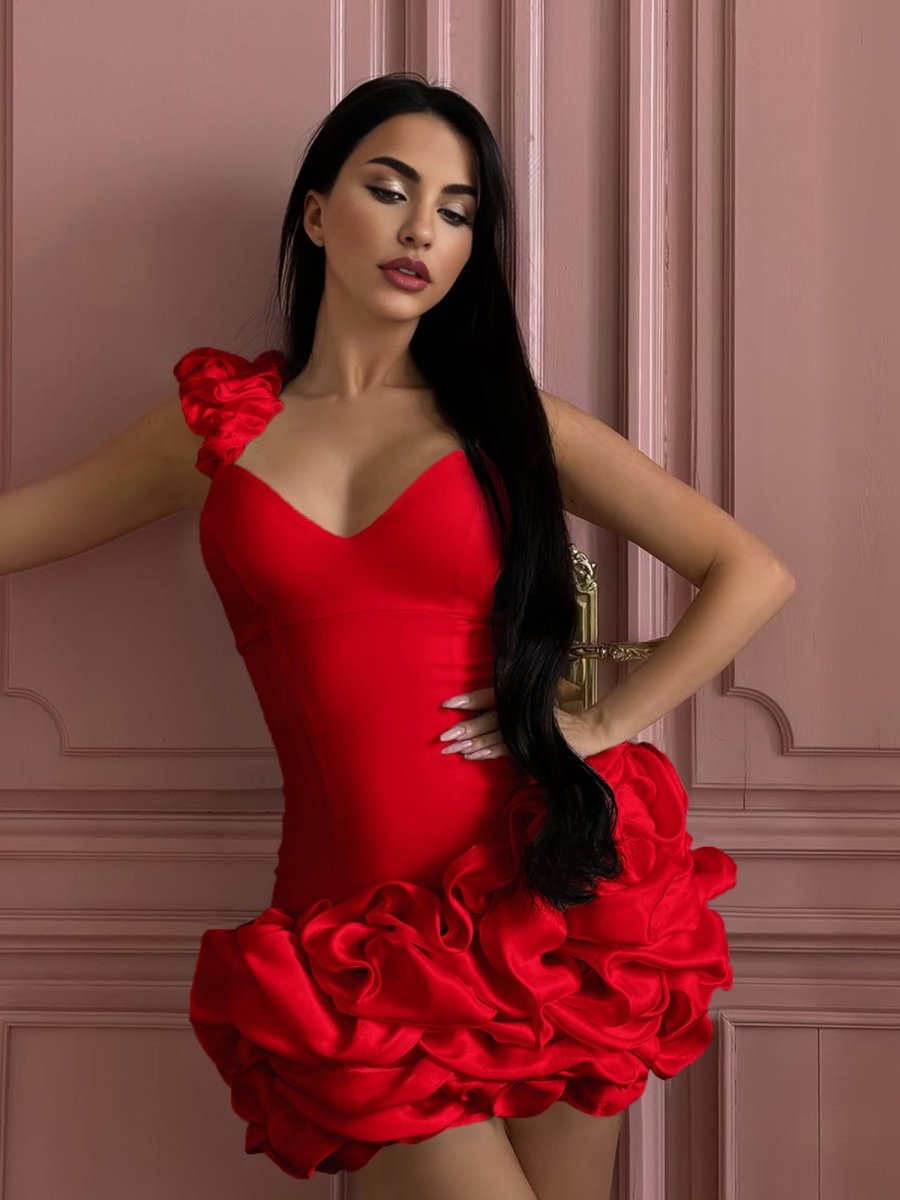 Red Sheath Spandex Ruched V Neck Homecoming Dresses with Ruffles