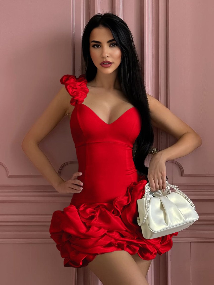 Red Sheath Spandex Ruched V Neck Homecoming Dresses with Ruffles