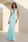 Yellow - Halter Deep V Neck Satin Sheath Backless Long Prom Dresses