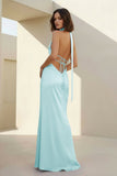 Yellow - Halter Deep V Neck Satin Sheath Backless Long Prom Dresses