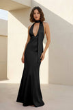 Yellow - Halter Deep V Neck Satin Sheath Backless Long Prom Dresses