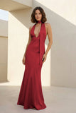 Yellow - Halter Deep V Neck Satin Sheath Backless Long Prom Dresses