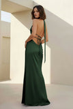Yellow - Halter Deep V Neck Satin Sheath Backless Long Prom Dresses