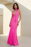 Yellow - Halter Deep V Neck Satin Sheath Backless Long Prom Dresses