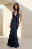 Yellow - Halter Deep V Neck Satin Sheath Backless Long Prom Dresses