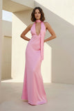 Yellow - Halter Deep V Neck Satin Sheath Backless Long Prom Dresses