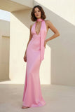 Yellow - Halter Deep V Neck Satin Sheath Backless Long Prom Dresses