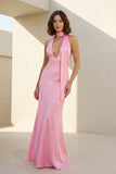 Yellow - Halter Deep V Neck Satin Sheath Backless Long Prom Dresses
