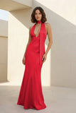 Yellow - Halter Deep V Neck Satin Sheath Backless Long Prom Dresses