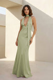 Yellow - Halter Deep V Neck Satin Sheath Backless Long Prom Dresses