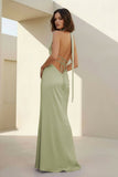 Yellow - Halter Deep V Neck Satin Sheath Backless Long Prom Dresses