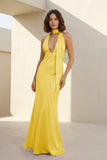 Yellow - Halter Deep V Neck Satin Sheath Backless Long Prom Dresses