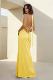 Yellow - Halter Deep V Neck Satin Sheath Backless Long Prom Dresses