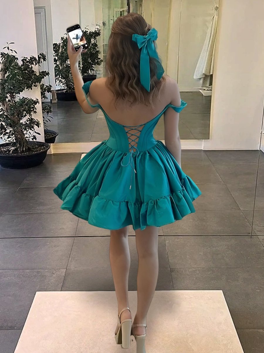 Red Off The Shoulder A Line Pleated Satin Short Homecoming Dress