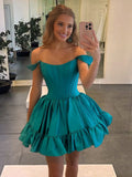 Red Off The Shoulder A Line Pleated Satin Short Homecoming Dress