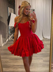 Red Off The Shoulder A Line Pleated Satin Short Homecoming Dress