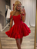 Red Off The Shoulder A Line Pleated Satin Short Homecoming Dress