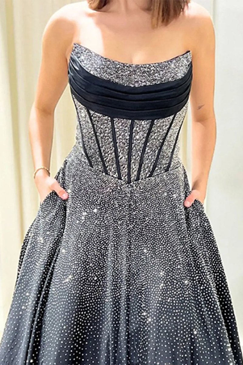 Sky Blue Strapless A Line Satin Beaded Long Prom Dresses With Pockets