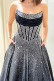 Sky Blue Strapless A Line Satin Beaded Long Prom Dresses With Pockets