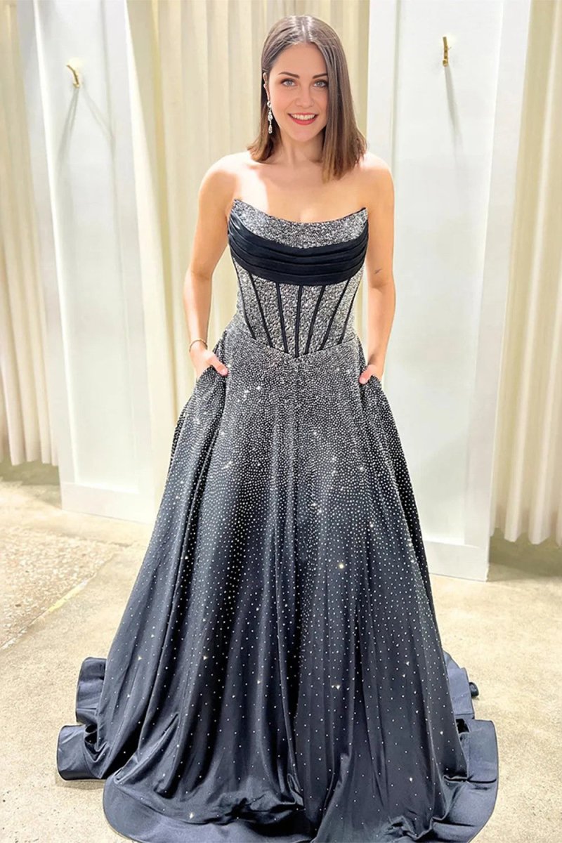 Sky Blue Strapless A Line Satin Beaded Long Prom Dresses With Pockets