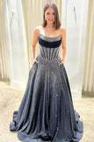 Sky Blue Strapless A Line Satin Beaded Long Prom Dresses With Pockets