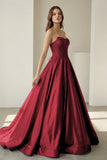 Sky Blue Strapless A Line Satin Beaded Long Prom Dresses With Pockets