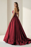 Sky Blue Strapless A Line Satin Beaded Long Prom Dresses With Pockets