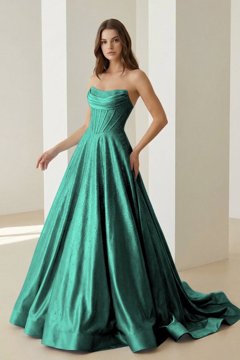 Sky Blue Strapless A Line Satin Beaded Long Prom Dresses With Pockets
