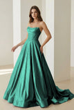 Sky Blue Strapless A Line Satin Beaded Long Prom Dresses With Pockets