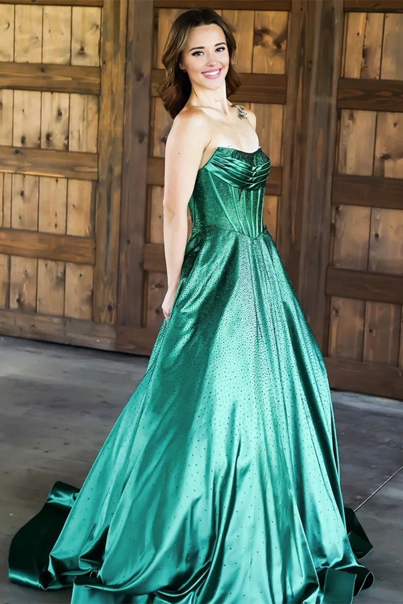 Sky Blue Strapless A Line Satin Beaded Long Prom Dresses With Pockets