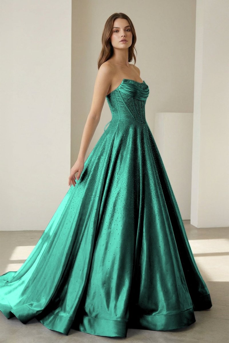 Sky Blue Strapless A Line Satin Beaded Long Prom Dresses With Pockets