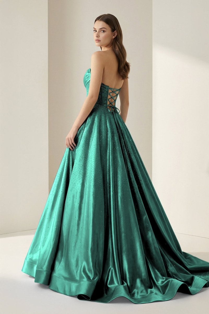 Sky Blue Strapless A Line Satin Beaded Long Prom Dresses With Pockets