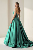 Sky Blue Strapless A Line Satin Beaded Long Prom Dresses With Pockets