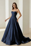 Sky Blue Strapless A Line Satin Beaded Long Prom Dresses With Pockets