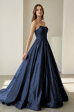 Sky Blue Strapless A Line Satin Beaded Long Prom Dresses With Pockets