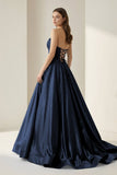 Sky Blue Strapless A Line Satin Beaded Long Prom Dresses With Pockets