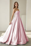 Sky Blue Strapless A Line Satin Beaded Long Prom Dresses With Pockets