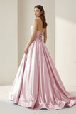Pink - Strapless A Line Satin Beaded Long Prom Dresses With Pockets
