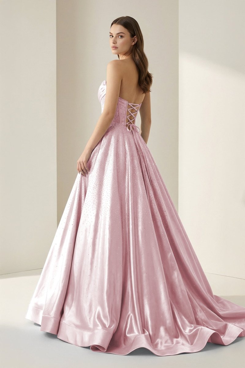 Sky Blue Strapless A Line Satin Beaded Long Prom Dresses With Pockets
