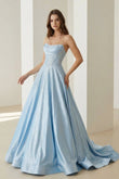 Sky Blue Strapless A Line Satin Beaded Long Prom Dresses With Pockets