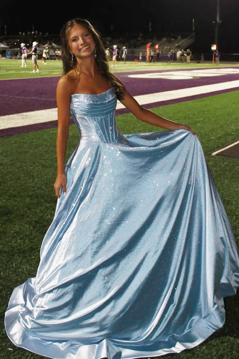 Sky Blue Strapless A Line Satin Beaded Long Prom Dresses With Pockets