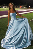 Sky Blue Strapless A Line Satin Beaded Long Prom Dresses With Pockets