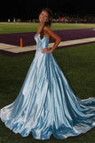 Sky Blue Strapless A Line Satin Beaded Long Prom Dresses With Pockets