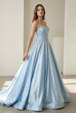 Sky Blue Strapless A Line Satin Beaded Long Prom Dresses With Pockets