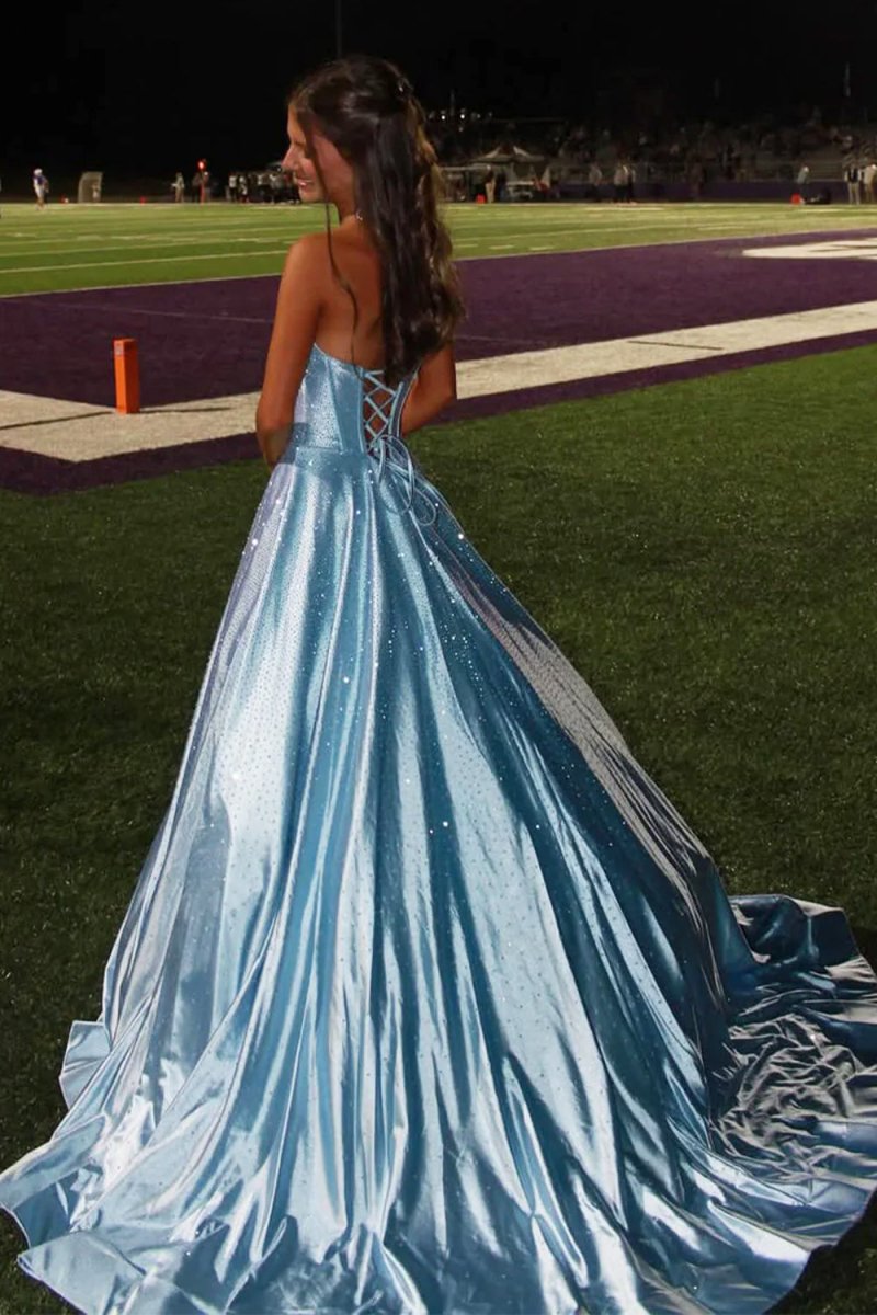 Sky Blue Strapless A Line Satin Beaded Long Prom Dresses With Pockets